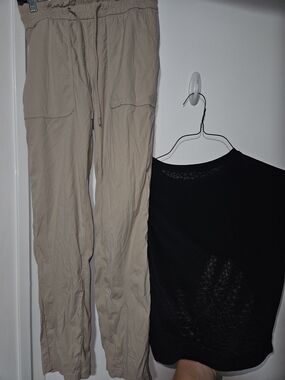Tan Lulu Pants And Lulu Semi Cropped Sheer Top